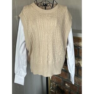 Calligraphy Women's Size L Cable Knit Sweater Vest Top Academia Tan White NWT
